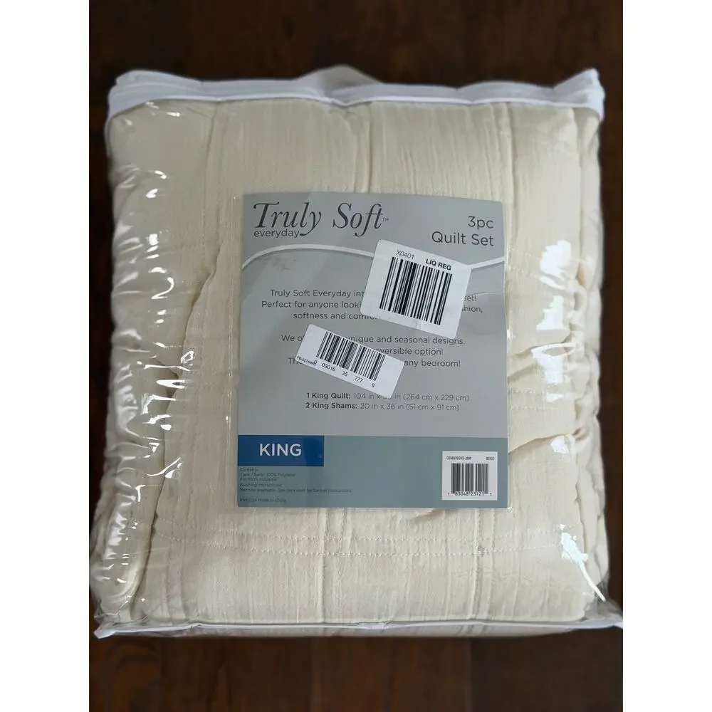 NEW! Truly Soft Cozy Gauze 3pc Quilt Set King Beige Ivory